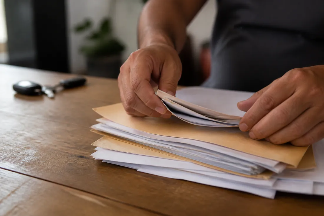Mãos organizando pastas de documentos do veículo sobre a mesa